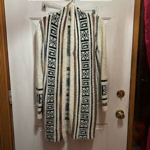 Long printed open cardigan sweater